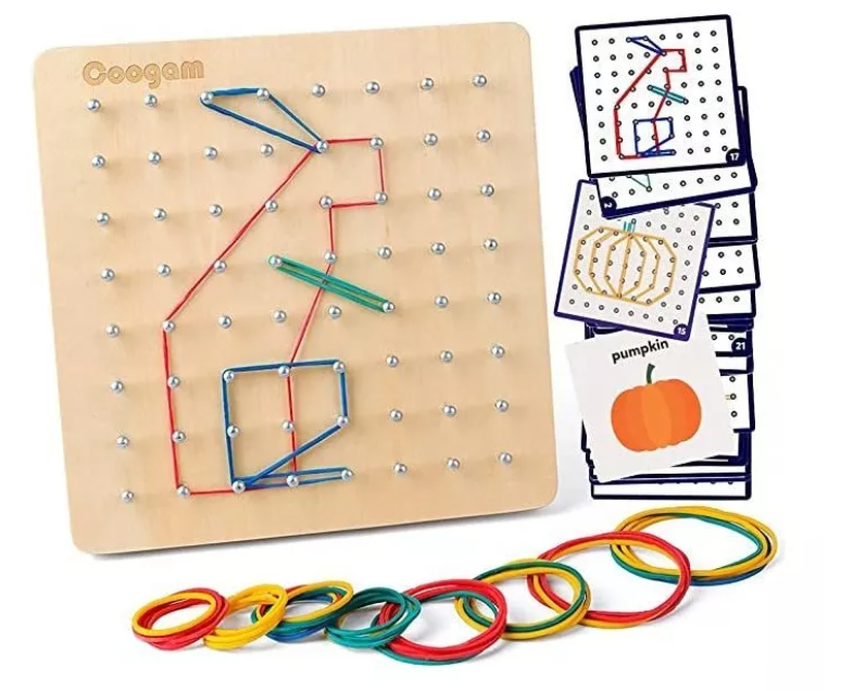 Geoplano de madera con tarjetas y elásticos | Juego didáctico Montessori